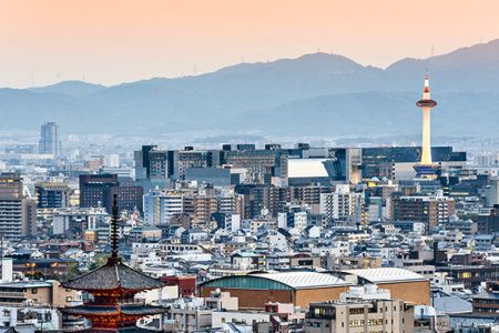 Kyoto, Japan skyline at dusk.